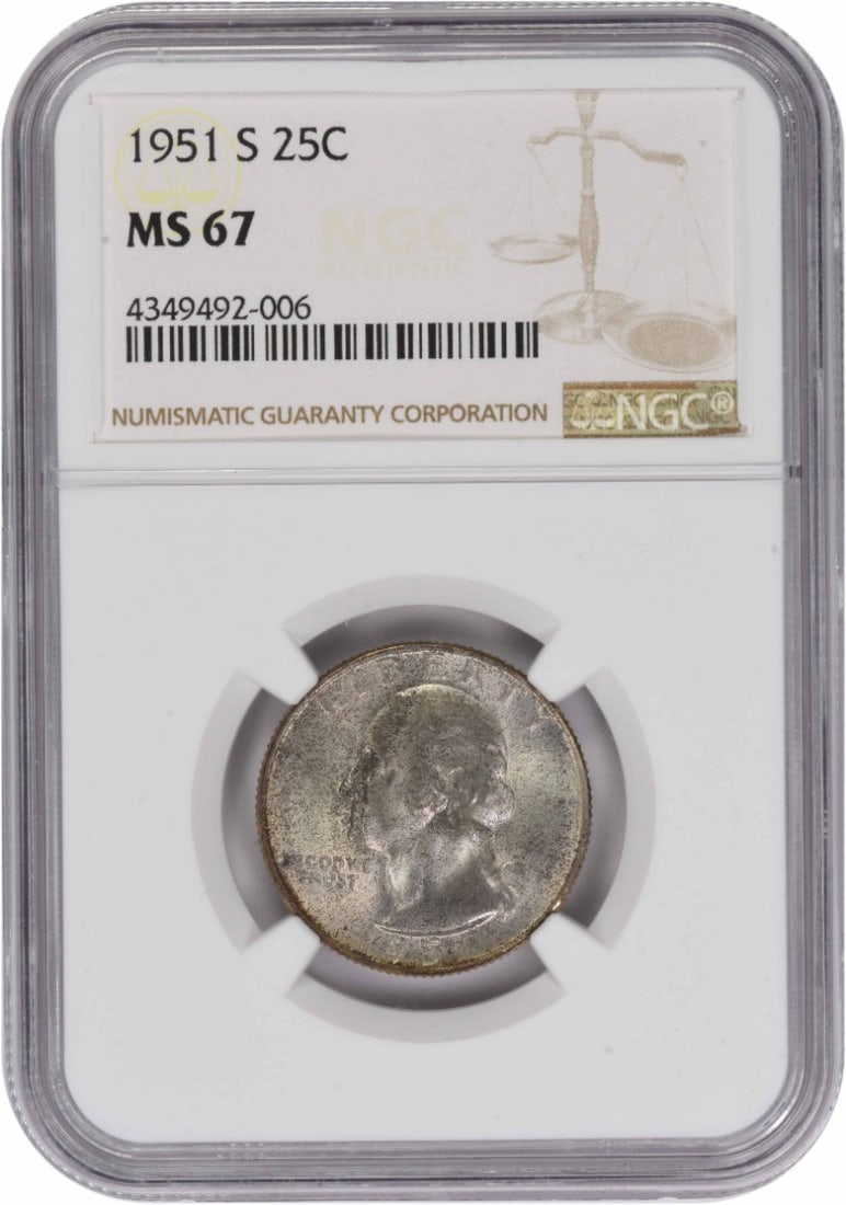 1951-S Washington Silver Quarter MS67 NGC: 1951-S Washington Silver Quarter MS67 NGC The 1951-S Washington Silver Quarter MS67 NGC boasts exceptional condition, earning its high grade from the Numismatic Guaranty Corporation. With a rich histo