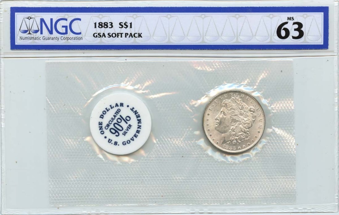 1883 Morgan Dollar GSA SOFT PACK S$1 NGC MS63: 1883 Morgan Dollar GSA SOFT PACK S$1 NGC MS63 Soft-packed and certified by the Numismatic Guaranty Corporation (NGC), this 1883 Morgan Dollar boasts an MS63 grade, indicating a high level of preservat