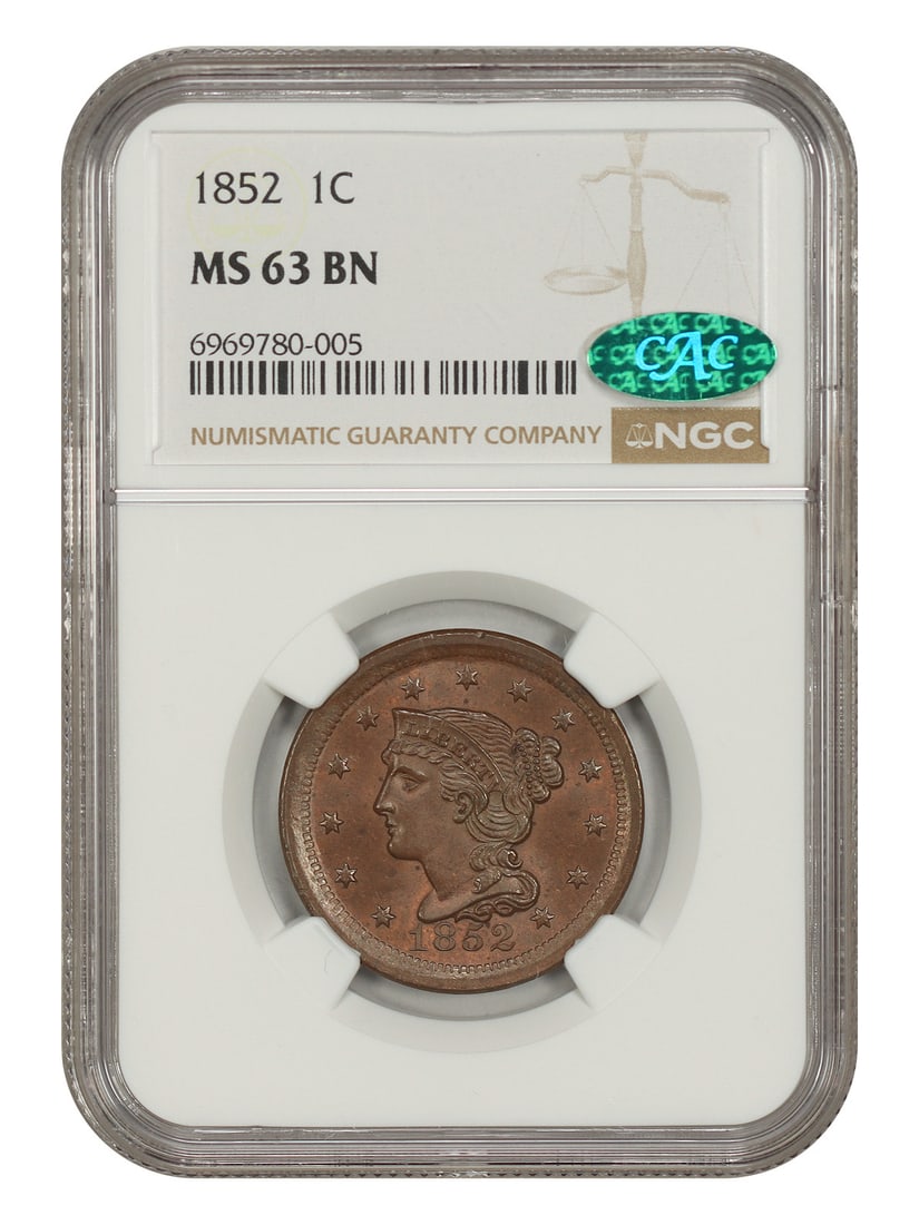 1852 1C NGC/ CAC MS63BN - Braided Hair Cent: 1852 1C NGC/ CAC MS63BN - Braided Hair Cent 1852 Braided Hair Cent in MS63BN condition, certified by NGC with CAC approval. This uncirculated coin boasts a beautiful brown color and is a rare example 