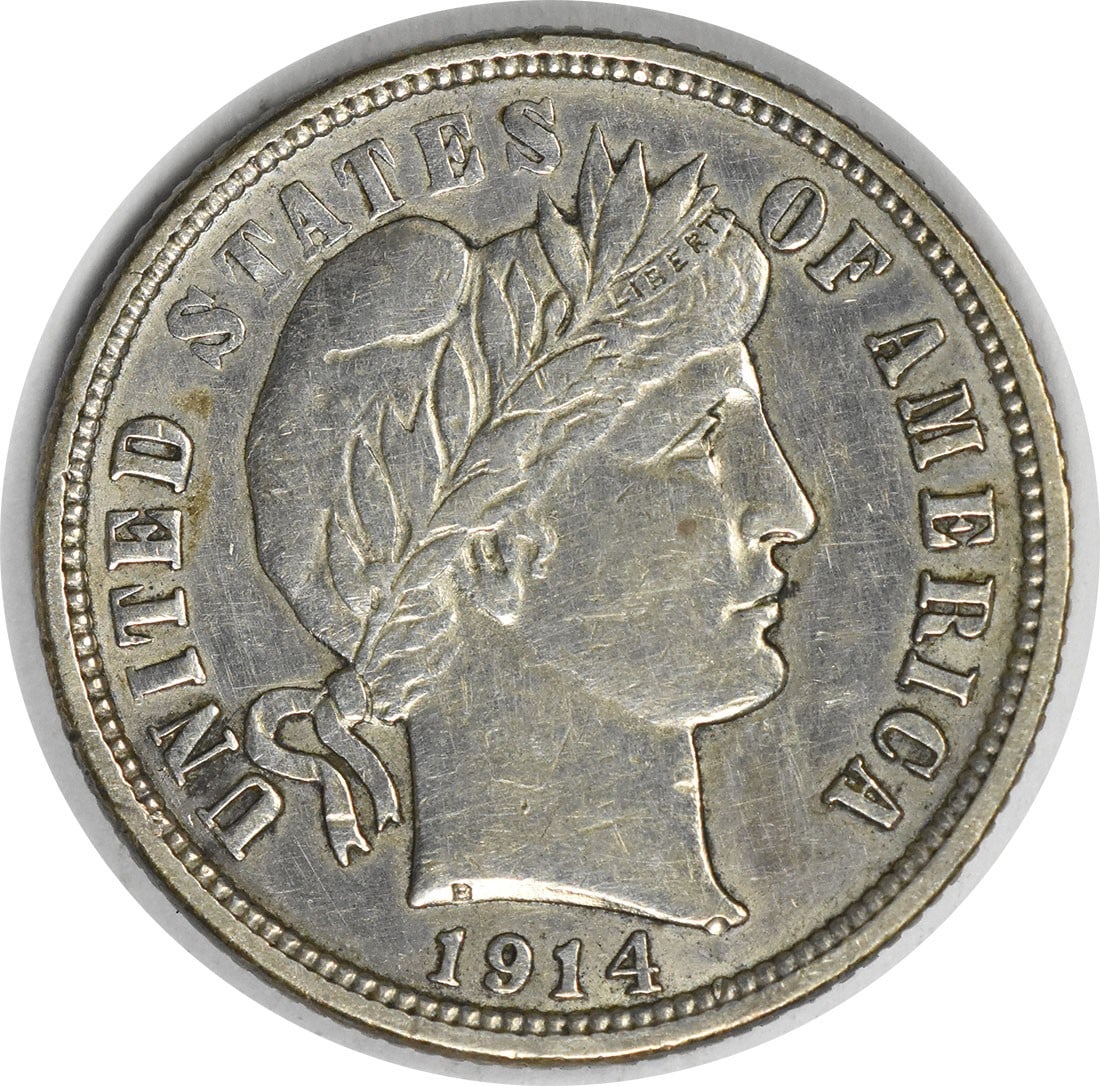 Uncertified 1914-D Barber RPM Dime 7 AU Silver: Uncertified 1914-D Barber RPM Dime 7 AU Silver The 1914-D Barber dime features a striking design by Charles E. Barber, with its reeded edge and classic silver composition. This circulated example boas