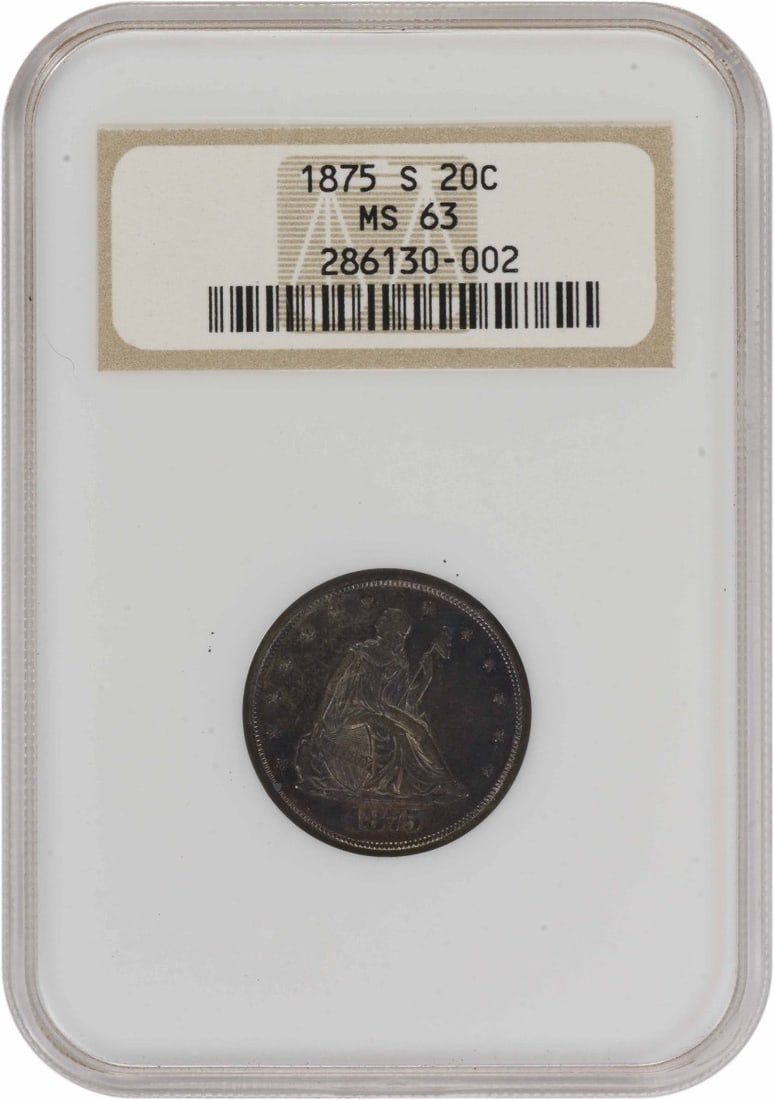 1875-S Twenty Cent Piece MS63 NGC: 1875-S Twenty Cent Piece MS63 NGC The 1875-S Twenty Cent Piece MS63 NGC is a highly detailed and well-preserved coin, graded MS63 by the Numismatic Guaranty Corporation (NGC). This circulated/uncircul