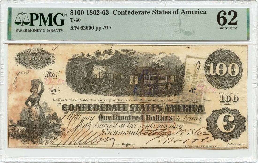 $100 Confederate States of America T-40 PMG UNC62 1862-63: $100 Confederate States of America T-40 PMG UNC62 1862-63 Item Specifics: Certification: PMG Certification Number: 2196626063 Grade: MS62 Circulated/Uncirculated: Uncirculated Denomination: Confederat