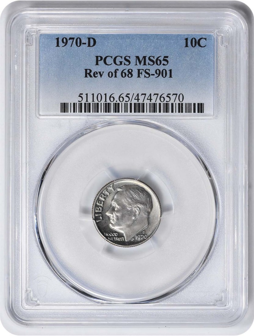 1970-D Roosevelt Dime Reverse of 1968 FS-901 MS65 PCGS: 1970-D Roosevelt Dime Reverse of 1968 FS-901 MS65 PCGS The 1970-D Roosevelt Dime Reverse of 1968 FS-901 MS65 PCGS boasts exceptional condition, graded MS65 by the Professional Coin Grading Service. Th