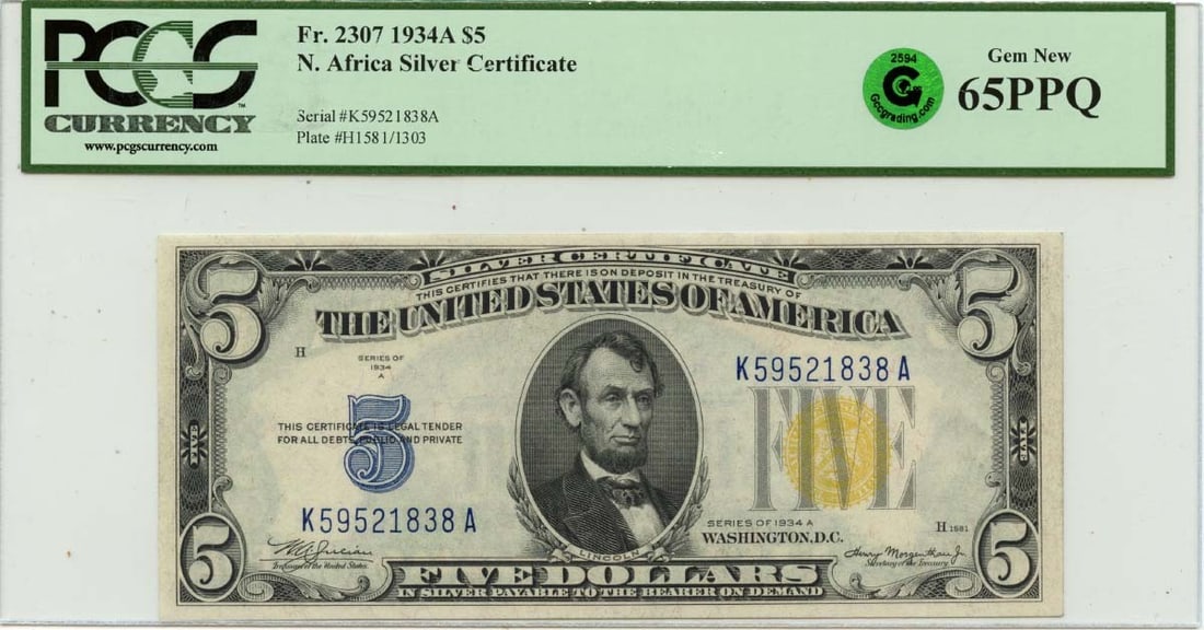 WWII Emergency Issue FR#2307 PCGS GEM 65 EPQ 1934A Green North Africa $5: WWII Emergency Issue FR#2307 PCGS GEM 65 EPQ 1934A Green North Africa $5 Uncirculated $5 bill from the 1934 series, graded MS65 by PCGS and certified as EPQ. Bearer marks are present on the back of th