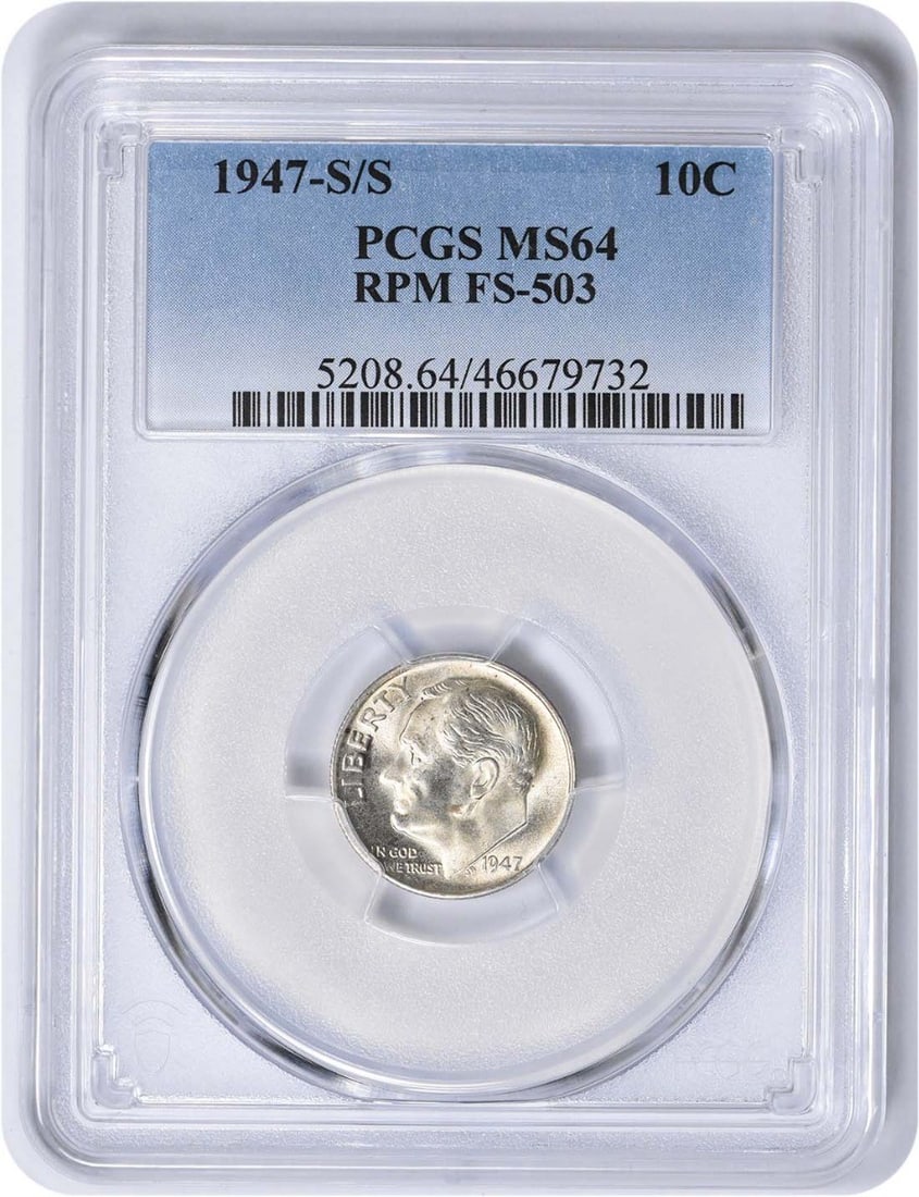 1947-S/ S Roosevelt Silver Dime RPM FS-503 MS64 PCGS: 1947-S/ S Roosevelt Silver Dime RPM FS-503 MS64 PCGS The 1947-S Roosevelt Silver Dime, certified MS64 by PCGS, boasts an impressive circulated/uncirculated status and a striking San Francisco mint mar