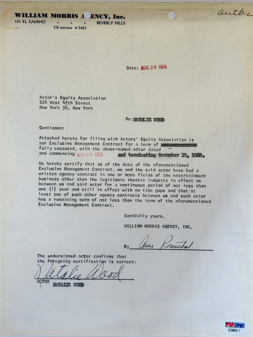 William Morris Agency Inc Contract Autographed by Natalie Wood (1 of 3)