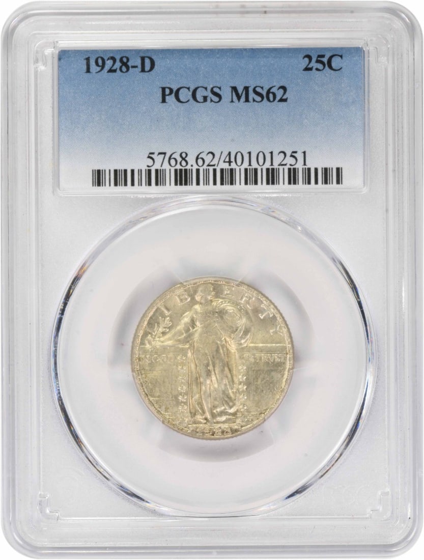 1928-D Standing Liberty Silver Quarter MS62 PCGS: 1928-D Standing Liberty Silver Quarter MS62 PCGS MS62 PCGS certified 1928-D Standing Liberty Silver Quarter, featuring the iconic Walking Liberty design and minted at the Denver Mint. This circulated 