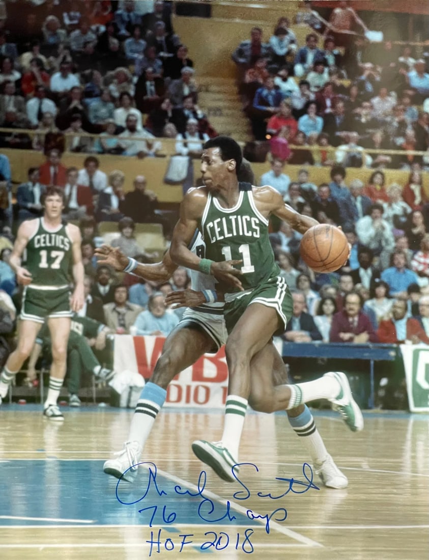 Charlie Scott Autographed 16x20 Basketball Photo: Charlie Scott Autographed 16x20 Basketball Photo Signed in blue sharpie across the front of the photo with inscription " 76 Champs HOF 2018". This 16x20 basketball photo features a notable signature f