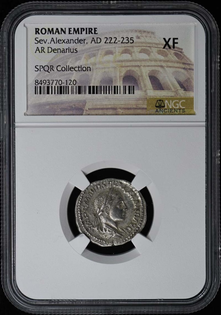 Sev.Alexander, AD 222-235 ROMAN EMPIRE AR Denarius NGC XF40: Sev.Alexander, AD 222-235 ROMAN EMPIRE AR Denarius NGC XF40 Sev.Alexander, AD 222-235 Roman Empire AR Denarius NGC XF40 bears the mark of NGC certification, verifying its authenticity and grade. This 