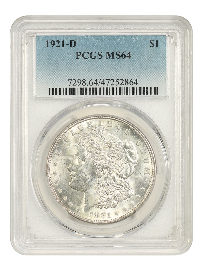 1921-D $1 PCGS MS64 - Morgan Dollar - Final Year D-Mint: 1921-D $1 PCGS MS64 - Morgan Dollar - Final Year D-Mint The 1921-D $1 Morgan Dollar, graded MS64 by PCGS, showcases exceptional condition with its rich details and well-defined mint marks. This final 