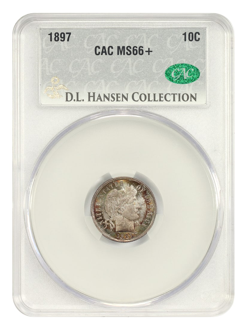1897 10C CACG MS66+ ex: D.L. Hansen - Barber Dime: 1897 10C CACG MS66+ ex: D.L. Hansen - Barber Dime The 1897 10C CACG MS66+ ex: D.L. Hansen Barber Dime boasts exceptional mint state condition, earning a high grade from the Coin Advisory Guide. This u