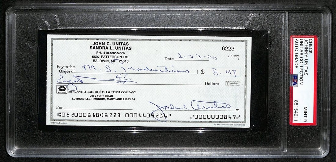 Johnny Unitas HOF Signed/ Autographed 2000 Bank Check Colts PSA/ DNA MINT 9 189576 (1 of 2)
