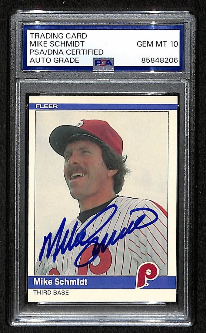 Mike Schmidt 1984 Fleer Card #48 Phillies HOF Signed PSA/ DNA Auto GEM 10 209355: Mike Schmidt 1984 Fleer Card #48 Phillies HOF Signed PSA/ DNA Auto GEM 10 209355 Signed by Mike Schmidt in 1984, this PSA/DNA Auto GEM 10 features a high-quality autograph on a Fleer card from the ico