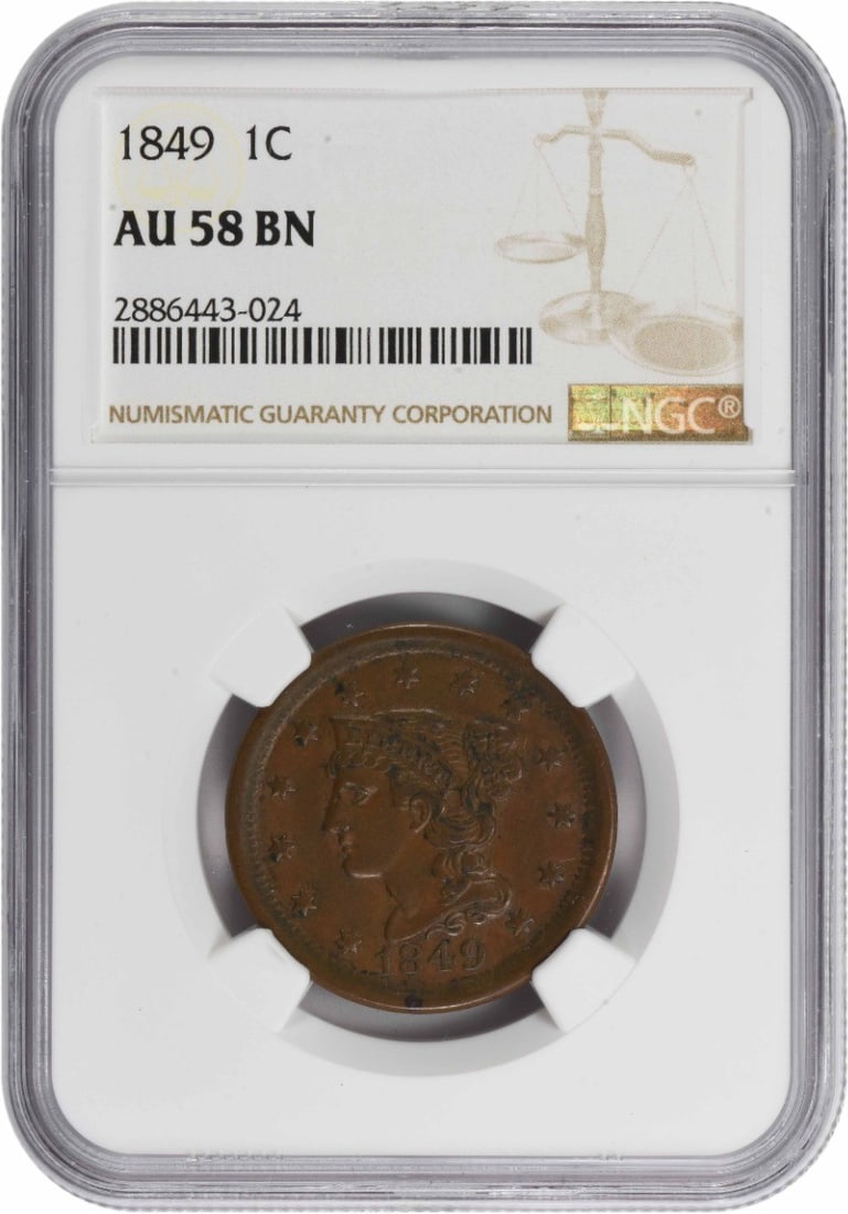 1849 Large Cent AU58BN NGC: 1849 Large Cent AU58BN NGC The 1849 Large Cent AU58BN NGC is a circulated example from the Philadelphia mint, bearing the distinctive braided hair design by Christian Gobrecht. This coin features a st