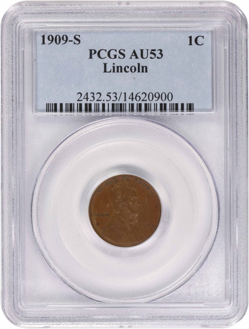 Lincoln Cent 1909-S AU53 PCGS: Lincoln Cent 1909-S AU53 PCGS The 1909-S Lincoln Cent, graded AU53 by PCGS, showcases the early days of the iconic Wheat penny design. This circulated coin features a rich history and a unique mint ma