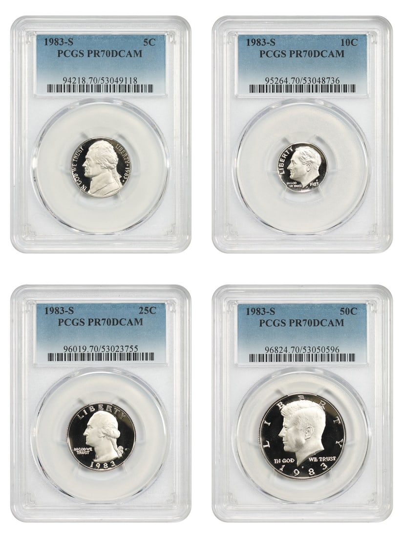 Lot of 1983-S 5C-50C PCGS PR70DCAM (4 Coins) - Jefferson Nickel: Lot of 1983-S 5C-50C PCGS PR70DCAM (4 Coins) - Jefferson Nickel The 1983-S Jefferson Nickel, graded PR70DCAM by PCGS, boasts exceptional condition and minting marks from the San Francisco Mint. This l