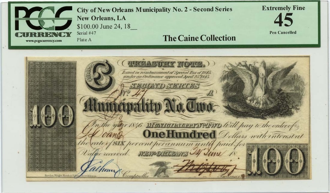 18XX $100 New Orleans, Louisiana Obsolete Note Municipality No. 2 PCGS XF45: 18XX $100 New Orleans, Louisiana Obsolete Note Municipality No. 2 PCGS XF45 Item Specifics: Certification: PCGS Currency Certification Number: 80777524 Grade: XF45 Circulated/Uncirculated: Circulated 
