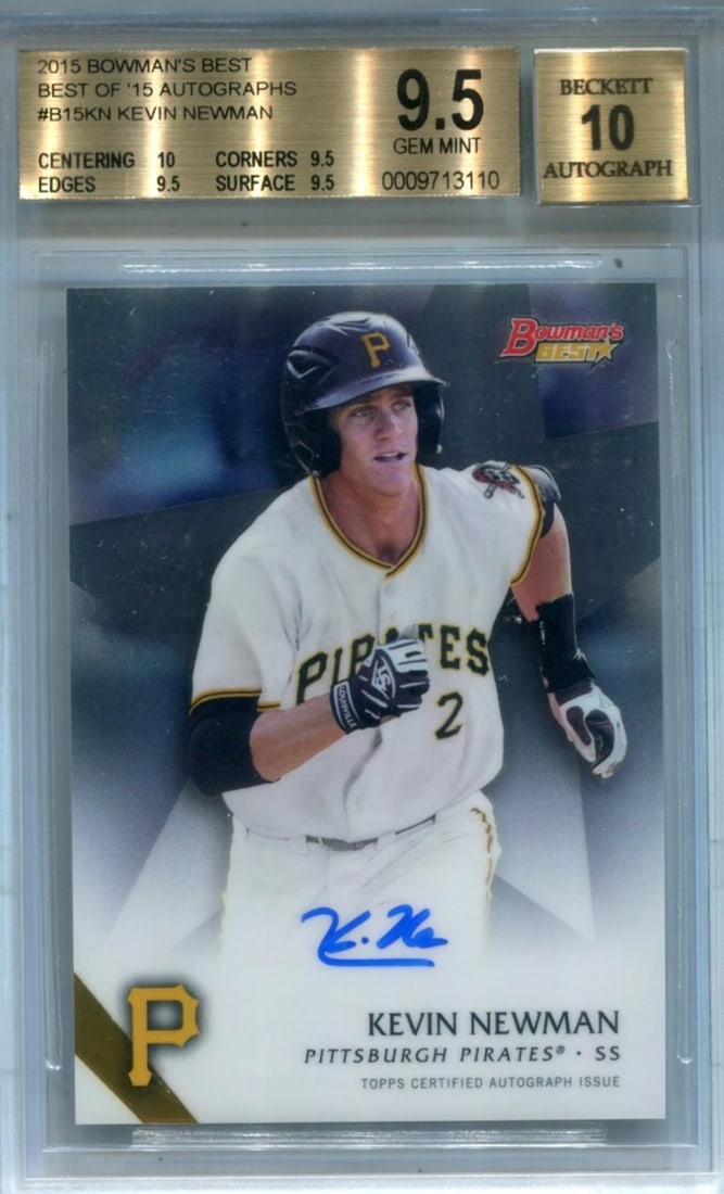 Kevin Newman 2015 Bowmans Best #B15KN Auto Card (BGS 9.5 AUTO 10): Kevin Newman 2015 Bowmans Best #B15KN Auto Card (BGS 9.5 AUTO 10) Kevin Newman's 2015 Bowmans Best #B15KN Auto Card boasts an impressive BGS 9.5 AUTO 10 grade, showcasing exceptional condition and qua