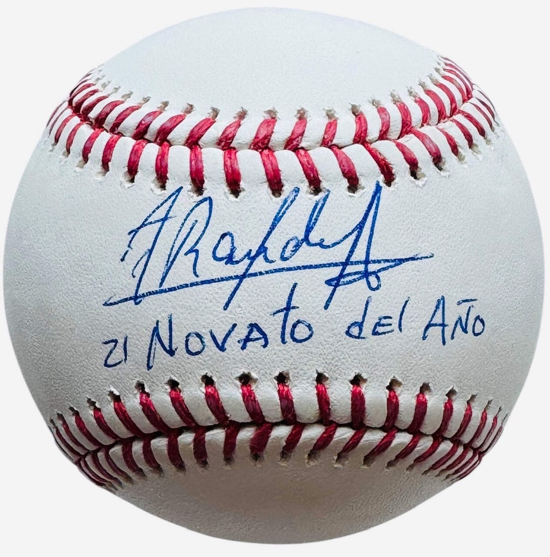 Arozarena Randy Autographed Beckett Major League Baseball: Arozarena Randy Autographed Beckett Major League Baseball Signed in blue pen across the sweet spot of a Robert Manfred Baseball, Randy Arozarena's inscription reads "21 Novato del Ano". This Beckett p
