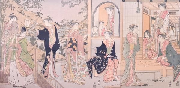 Ushiwakamaru Triptych Woodblock Print Princess of Japanese Kiyonaga Torii: Ushiwakamaru Triptych Woodblock Print Princess of Japanese Kiyonaga Torii Item Specifics: Artist: Torii Kiyonaga Subject: Ushiwakamaru and Princess Joruri Material: Paper Style: Japanese Size: 37 x 75