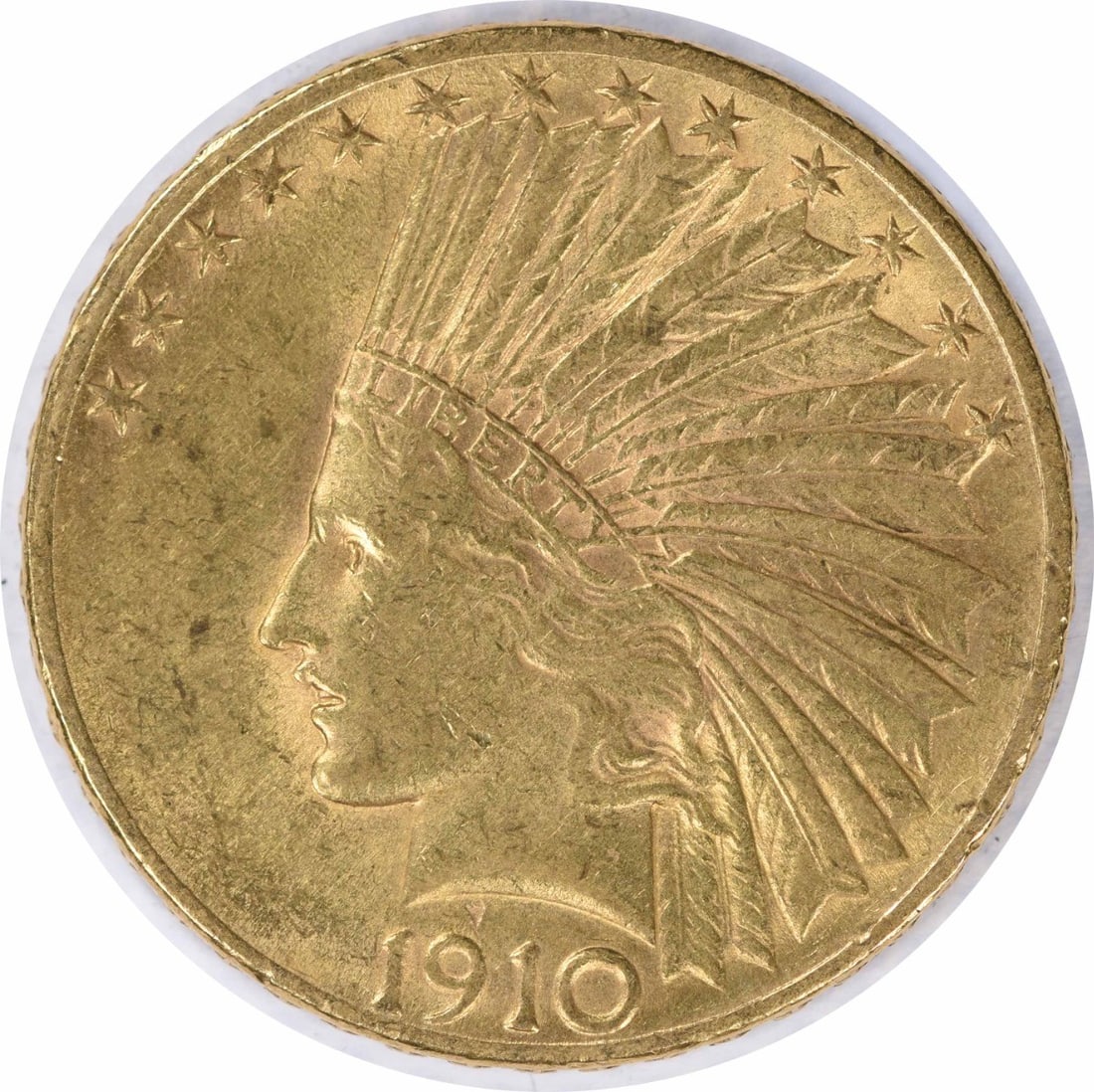 1910 $10 Gold Indian AU Uncertified: 1910 $10 Gold Indian AU Uncertified The 1910 $10 Gold Indian features an AU grade, indicating its high level of quality and luster. With a rich gold composition and a distinctive design by Augustus Sa