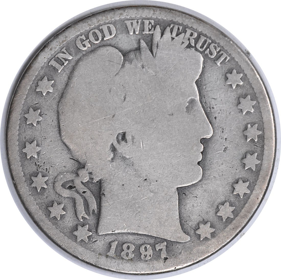 Uncertified 1897 O Barber Silver Half Dollar: Uncertified 1897 O Barber Silver Half Dollar The 1897 O Barber Silver Half Dollar features an iconic design, with its classic portrait of Lady Liberty and the iconic wreath surrounding her head. This 