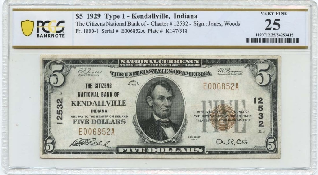 1929 $5 National FR#1800-1 Citizens NB Kendallville, Indiana CH#12532 PCGS VF25 (1 of 1)