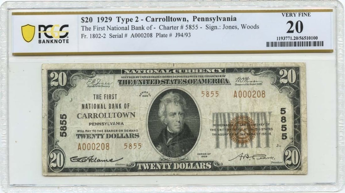 1929 $20 National FR#1802-2 First NB Carrolltown, Pennsylvania CH#5855 PCGS VF20: 1929 $20 National FR#1802-2 First NB Carrolltown, Pennsylvania CH#5855 PCGS VF20 Item Specifics: Year: NONE Grade: VF20 Certification: PCGS Banknote Circulated/Uncirculated: Circulated Certification N