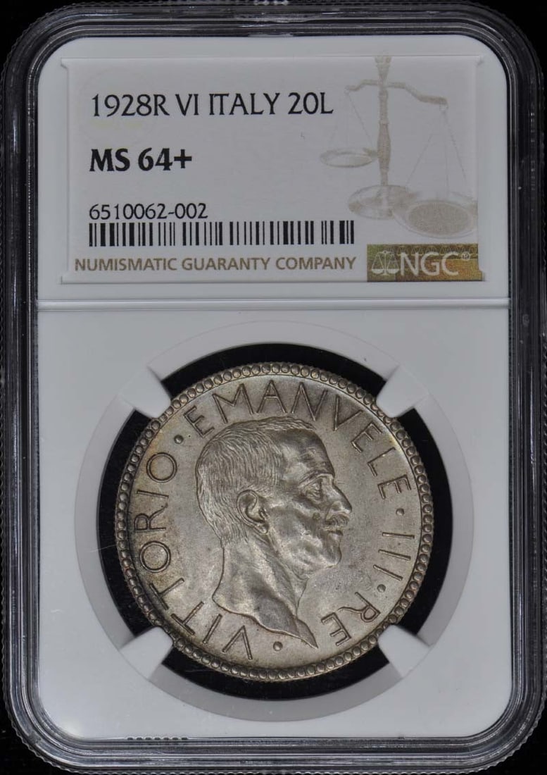 1928R VI ITALY KM-69 20L NGC MS64+: 1928R VI ITALY KM-69 20L NGC MS64+ The 1928R VI ITALY KM-69 20L NGC MS64+ coin boasts an impressive grade, showcasing exceptional strike and luster. Certified by the Numismatic Guaranty Corporation (N