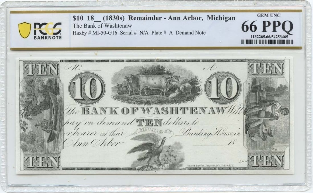Obsolete Note Bank of Washtenaw PCGS GEM 66 PPQ Ann Arbor Michigan 1830s $10: Obsolete Note Bank of Washtenaw PCGS GEM 66 PPQ Ann Arbor Michigan 1830s $10 The Obsolete Note Bank of Washtenaw PCGS GEM 66 PPQ Ann Arbor Michigan 1830s $10 features a unique design and certification