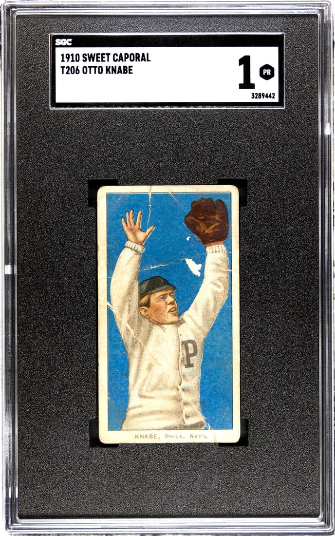 SGC 1 SWEET CAPORAL 1910 OTTO KNABE T206: SGC 1 SWEET CAPORAL 1910 OTTO KNABE T206 SGC 1 SWEET CAPORAL 1910 OTTO KNABE T206 - A Rare Baseball Card from the Early 20th Century. This T206 card, featuring Sweet Caporal tobacco, is one of the mos