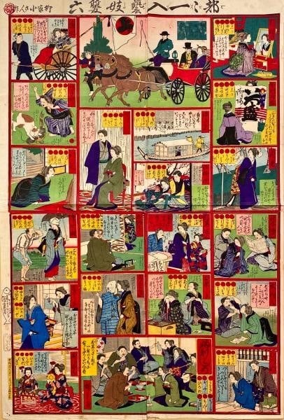 1888 Hiroshige III Woodblock Print Geisha Sugoroku Game Yanagiya Kosan: 1888 Hiroshige III Woodblock Print Geisha Sugoroku Game Yanagiya Kosan Item Specifics: Artist: Utagawa Hiroshige III Subject: Geisha / Sugoroku Board Game Material: Paper Style: Japanese Size: 72 x 48