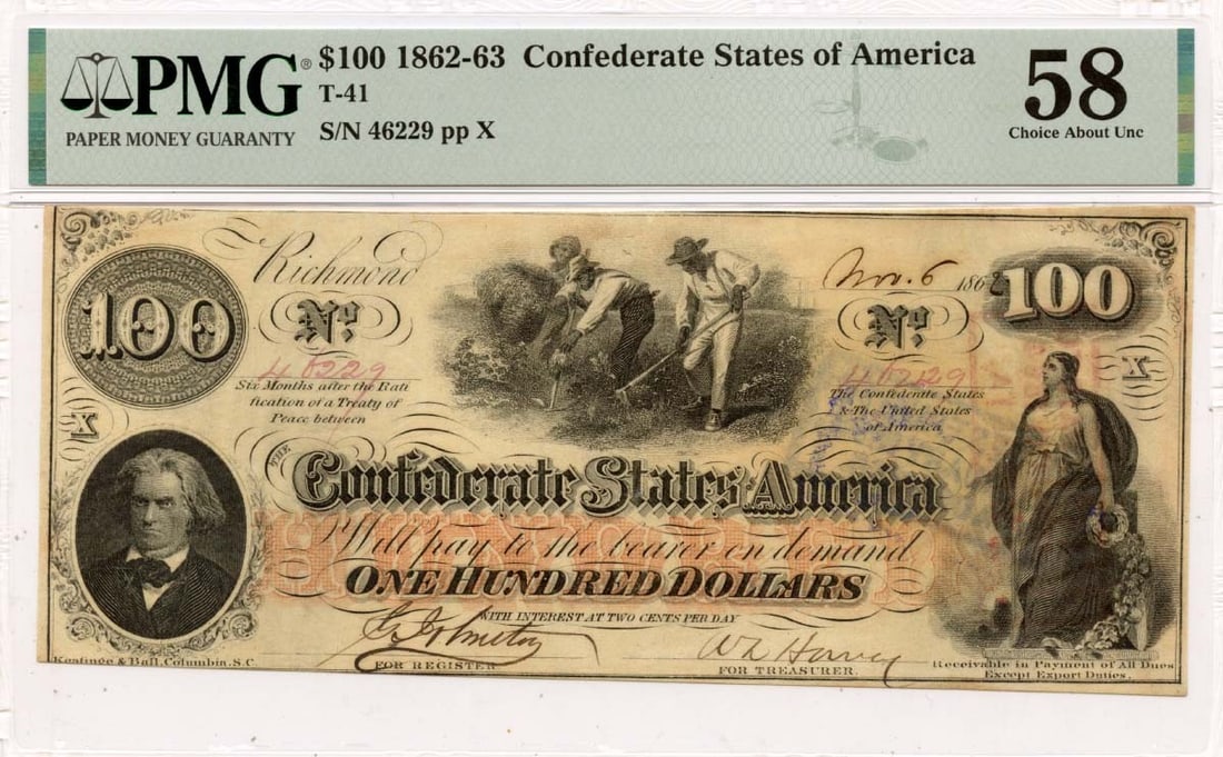 1862 $100 Confederate States of America T-41 CSA PMG AU58: 1862 $100 Confederate States of America T-41 CSA PMG AU58 The 1862 $100 Confederate States of America T-41, graded AU58 by PMG, is a circulated example of the rarest denomination in the CSA series. Th
