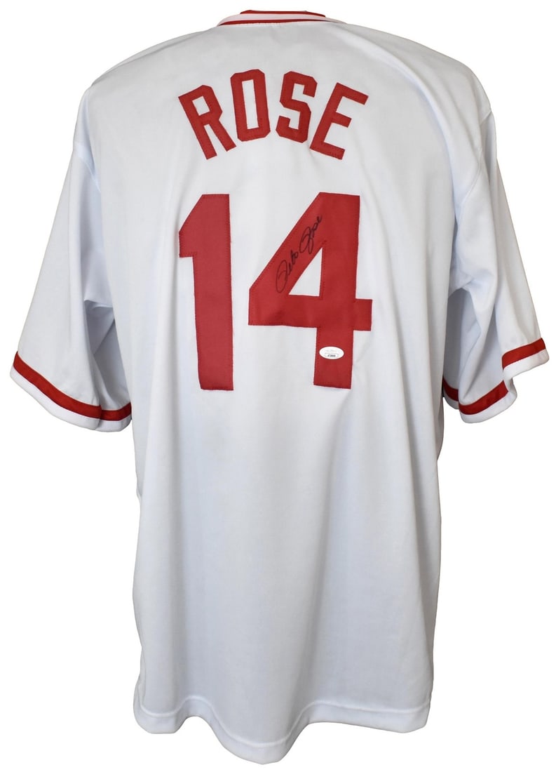 Rose Pete Autographed Signed Jersey Baseball Custom 204946 Reds Cincinnati: Rose Pete Autographed Signed Jersey Baseball Custom 204946 Reds Cincinnati Authentic James Spence Authentication (JSA) signed baseball jersey from the Cincinnati Reds, bearing the unmistakable mark of