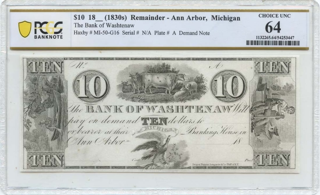 1830s $10 Ann Arbor, Michigan Obsolete Note Bank of Washtenaw PCGS CU64: 1830s $10 Ann Arbor, Michigan Obsolete Note Bank of Washtenaw PCGS CU64 PCGS CU64, the 1830s $10 Ann Arbor, Michigan Obsolete Note Bank of Washtenaw boasts a stunning Certified Uncirculated grade from