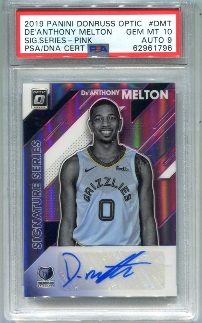 De'Anthony Melton 2019 Panini Donruss Optic #DMT PSA 10 Auto 9 Card: De'Anthony Melton 2019 Panini Donruss Optic #DMT PSA 10 Auto 9 Card The 2019 Panini Donruss Optic #DMT card features an auto graphic from De'Anthony Melton, graded by PSA to a perfect 10. This rare au