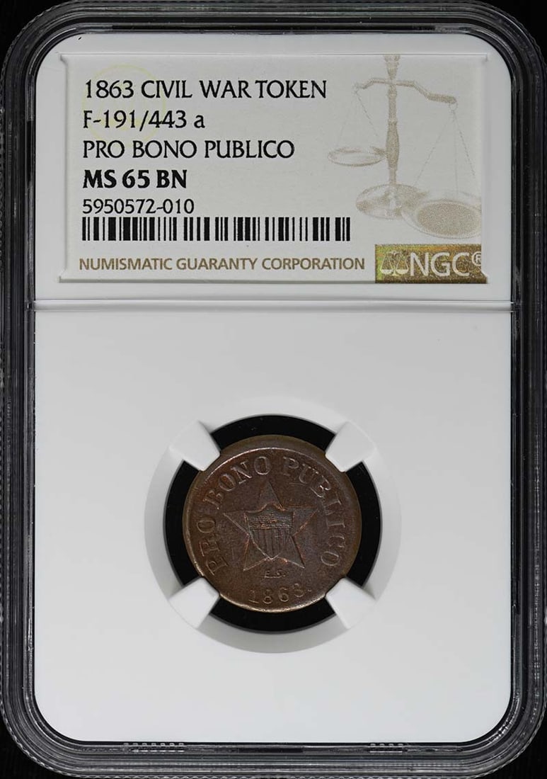 CIVIL WAR 1863 F-191 443 NGC MS65BN TOKEN: CIVIL WAR 1863 F-191 443 NGC MS65BN TOKEN This 1863 Civil War-era token, graded MS65BN by the NGC, boasts a rich history and exceptional condition. The token's circulated state and high grade make it 