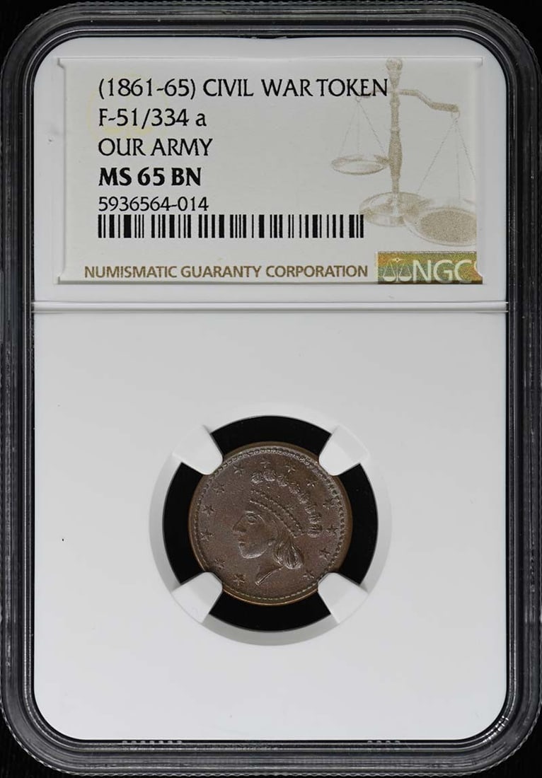 CIVIL WAR F-51/ 334 token NGC MS65BN: CIVIL WAR F-51/ 334 token NGC MS65BN Uncirculated, graded MS65BN by the Numismatic Guaranty Corporation (NGC), this Civil War-era F-51 token boasts exceptional condition and a rich history. Bearing th