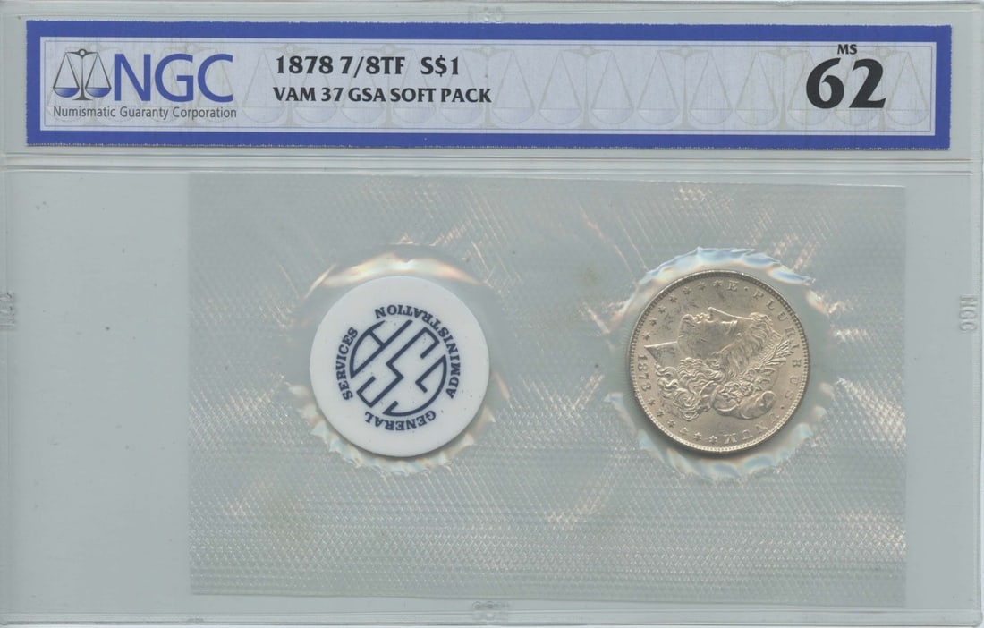 1878 7/ 8TF Morgan Dollar NGC MS62 VAM-37 GSA SOFT PACK S$1: 1878 7/ 8TF Morgan Dollar NGC MS62 VAM-37 GSA SOFT PACK S$1 1878 7/8TF Morgan Dollar NGC MS62 VAM-37 GSA SOFT PACK S$1. This uncirculated 1878 Morgan dollar features a high grade of MS62, as certified