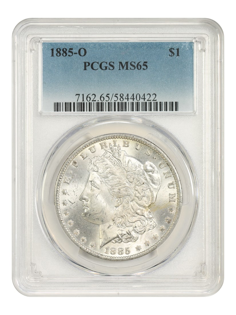 1885-O $1 PCGS MS65 - Morgan Dollar - Popular O-Mint Morgan: 1885-O $1 PCGS MS65 - Morgan Dollar - Popular O-Mint Morgan 1885-O $1 PCGS MS65 - A highly sought-after O-Mint Morgan Dollar, certified by the esteemed Professional Coin Grading Service (PCGS) as MS65