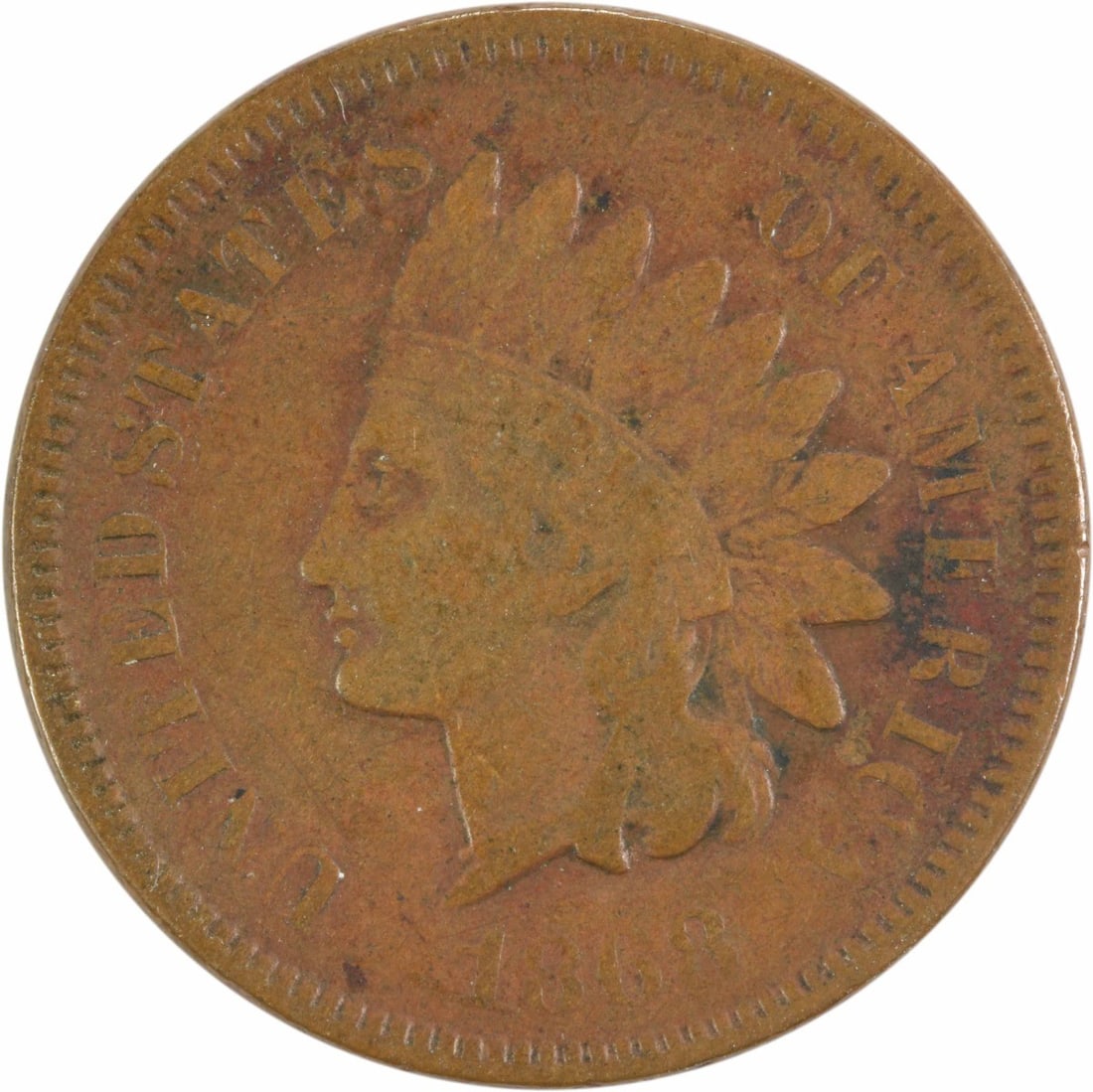 Uncertified 1868 Indian Cent F: Uncertified 1868 Indian Cent F Circulated 1868 Indian Cent, weighing in at 3.11 grams, features a plain edge and a diameter of 19.00 millimeters. Made from 95% copper, 5% tin and zinc, this small cent