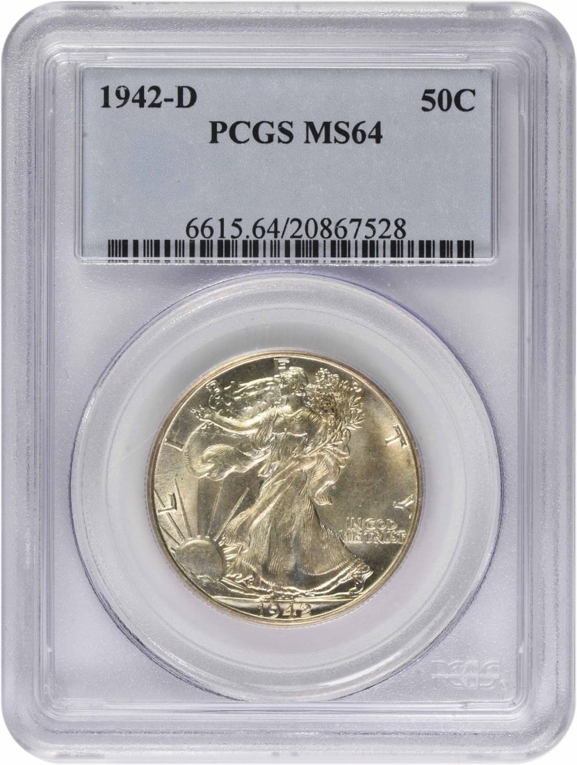 MS64 PCGS Walking Liberty Silver Half Dollar 1942-D: MS64 PCGS Walking Liberty Silver Half Dollar 1942-D The MS64 PCGS Walking Liberty Silver Half Dollar 1942-D boasts an impressive certification from the prestigious Professional Coin Grading Service (P