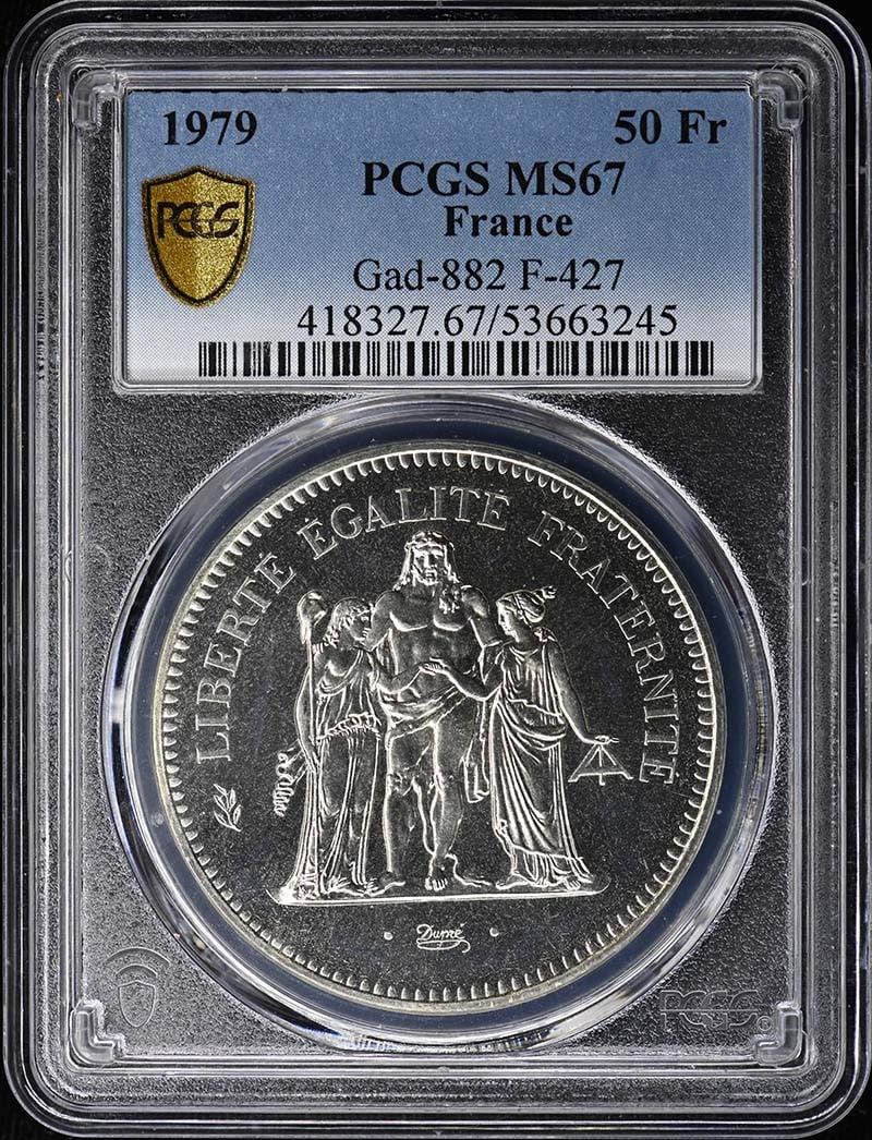 1979 50 Fr 50 Francs - Hercule PCGS MS67: 1979 50 Fr 50 Francs - Hercule PCGS MS67 The 1979 50 Fr 50 Francs coin features a stunning MS67 grade, showcasing exceptional detail and luster. Certified by PCGS, this uncirculated coin is a rare gem