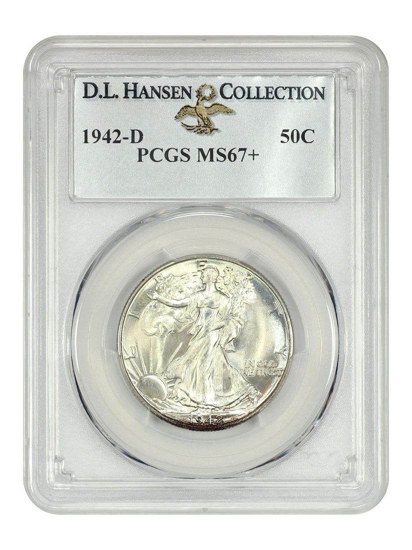1942-D 50C PCGS MS67+ ex: D.L. Hansen - Walking Liberty Half Dollar: 1942-D 50C PCGS MS67+ ex: D.L. Hansen - Walking Liberty Half Dollar The 1942-D Walking Liberty Half Dollar, graded MS67+, boasts exceptional condition with minimal wear. Certified by PCGS, this coin s