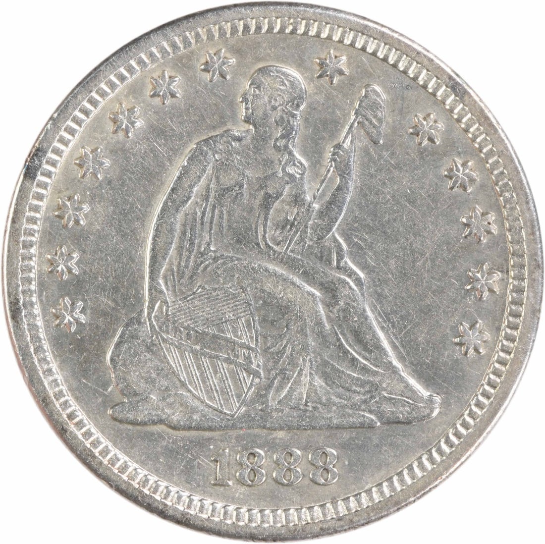 1888-S Liberty Seated Silver Quarter EF Uncertified: 1888-S Liberty Seated Silver Quarter EF Uncertified The 1888-S Liberty Seated Silver Quarter EF Uncertified features a striking design by Bela Pratt, with its elegant profile and flowing drapery. This