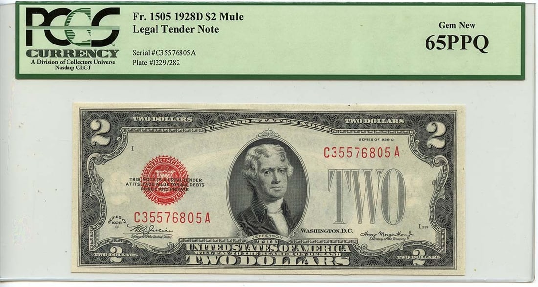 1928D $2 Legal Tender Note Red Fr# 1505 PCGS 65 PPQ MULE: 1928D $2 Legal Tender Note Red Fr# 1505 PCGS 65 PPQ MULE The 1928D $2 Legal Tender Note Red Fr# 1505 PCGS 65 PPQ MULE boasts an impressive MS65 grade, showcasing exceptional condition and detail. This