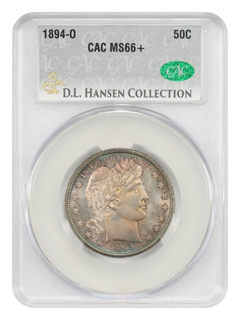 1894-O 50C CACG MS66+: 1894-O 50C CACG MS66+ The 1894-O 50C CACG MS66+ coin boasts its distinctive 'O' mint mark, signifying it was produced in New Orleans. Certified by the CACG with a high grade of MS66+, this uncirculate