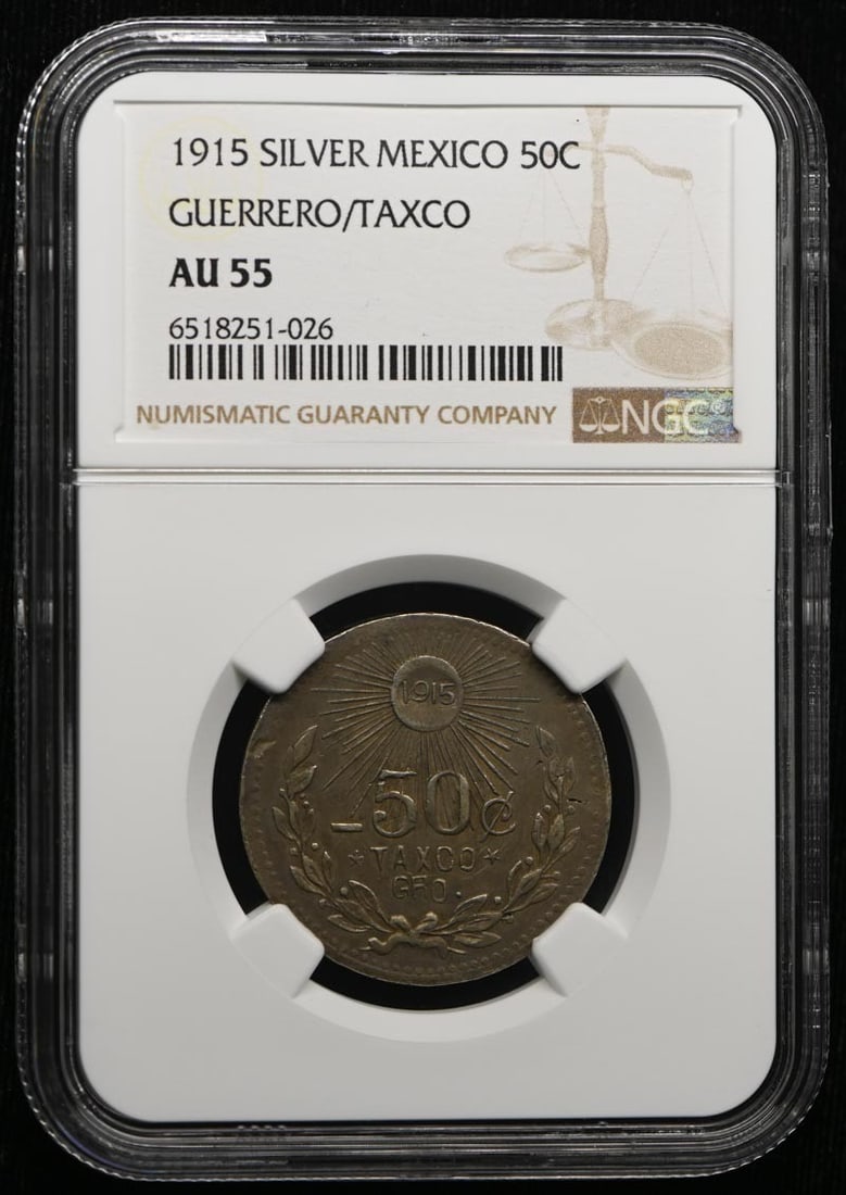 1915 MEXICO GUERRERO/ TAXCO KM-671 GB-228 50C NGC AU55: 1915 MEXICO GUERRERO/ TAXCO KM-671 GB-228 50C NGC AU55 The 1915 Mexico Guerrero/Taxco KM-671 GB-228 50C coin features a circulated condition with a grade of AU55, as certified by the Numismatic Guaran