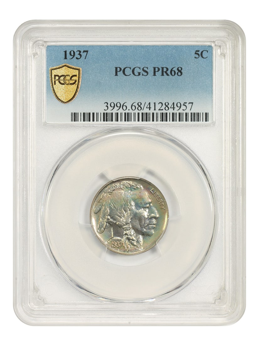 PR68 5C PCGS 1937 Buffalo Nickel: PR68 5C PCGS 1937 Buffalo Nickel PCGS graded PR68, the 1937 Buffalo Nickel boasts exceptional condition with minimal wear. This uncirculated coin features the iconic Buffalo nickel design and is certi