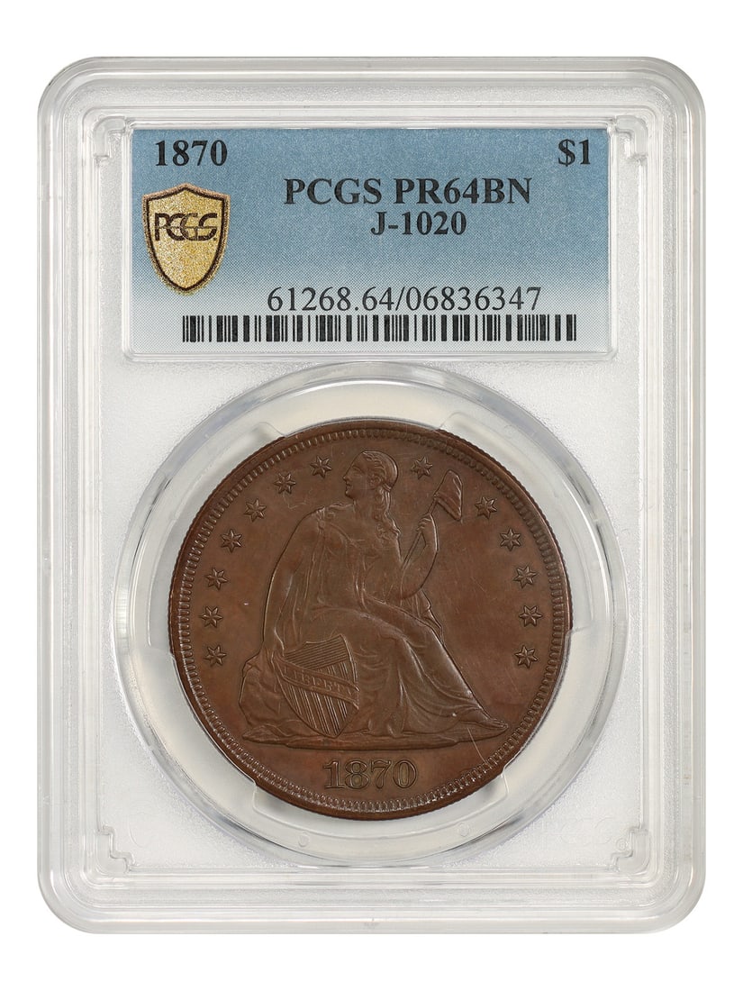 Pattern: 1870 $1 PCGS PR64BN (J-1020) - Patterns - Tough Off-Metal Pattern: Pattern: 1870 $1 PCGS PR64BN (J-1020) - Patterns - Tough Off-Metal Pattern 1870 $1 PCGS PR64BN (J-1020) - Patterns - Tough Off-Metal Pattern. This 1870 $1 pattern coin, graded PR64BN by PCGS, showcase
